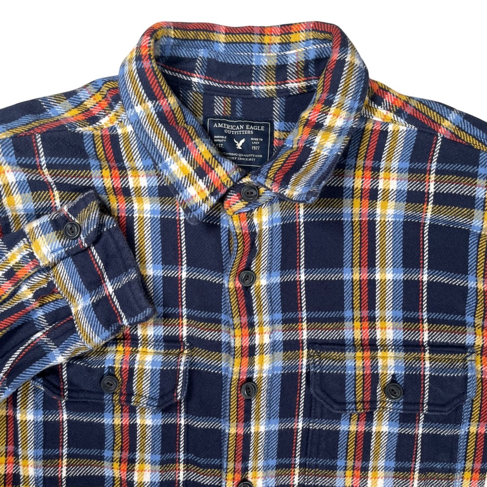 American Eagle Flannel Shirt Men Large Navy Blue Plaid Double Pocket Heavyweight